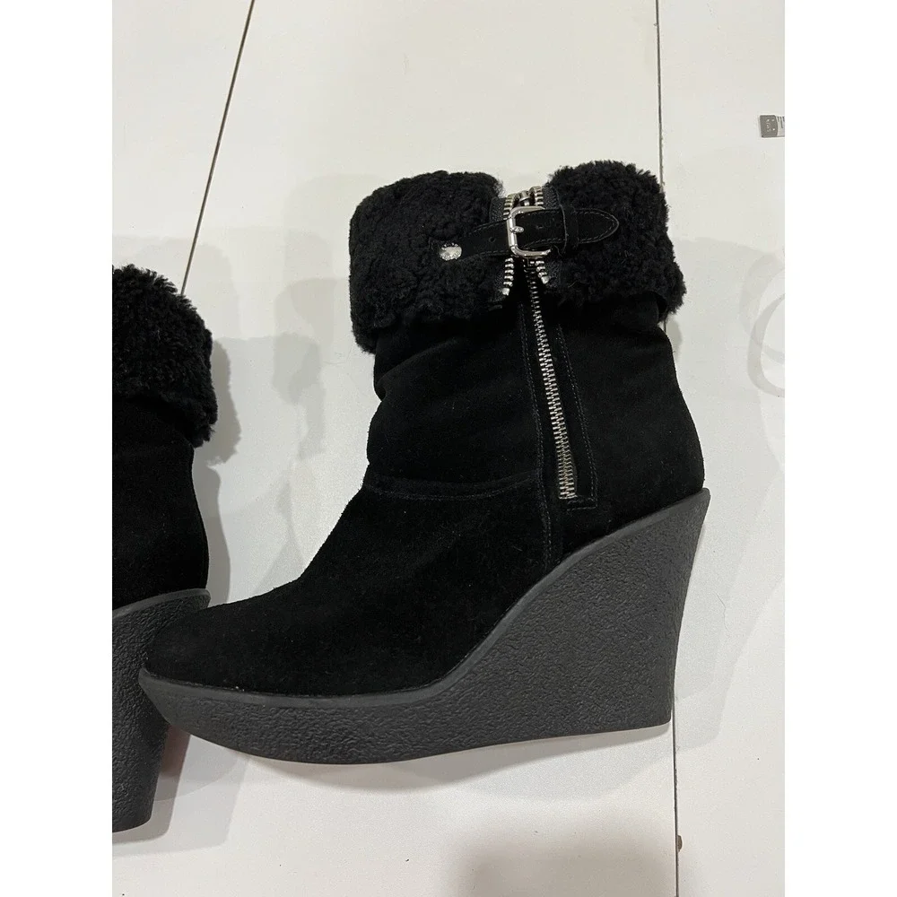 Coach Suede Shearling Lined Wedge Suede Boots Black Size 9 EUC